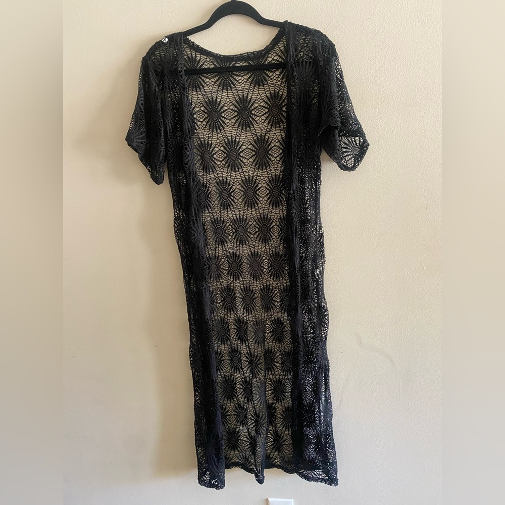Black Lace Open Midi Cardigan Size M